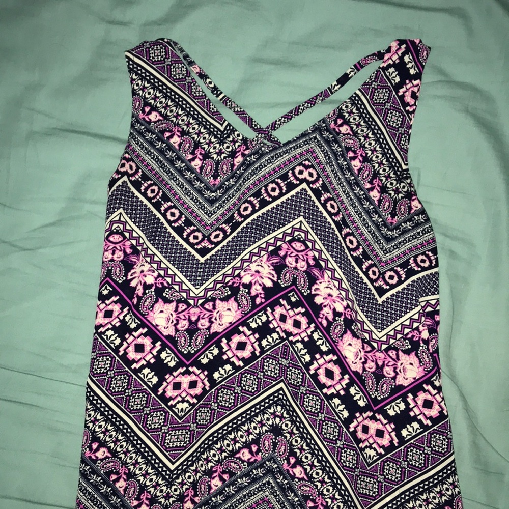 patterned tank + long back & cross-cross neckline